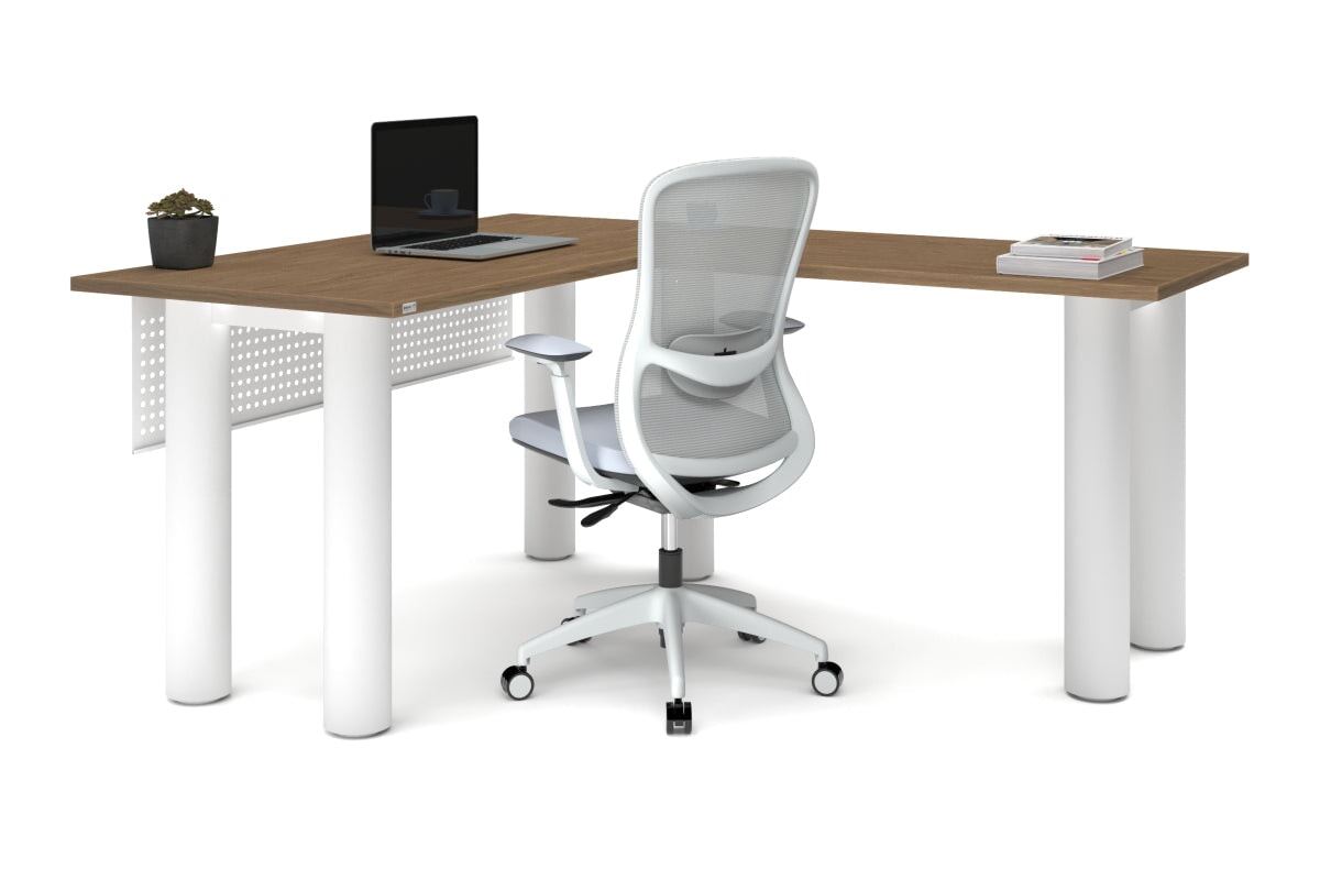 Quadro Cylinder Leg - L Shaped Corner Office Desk  [1400L x 1700W]-black leg dark oak metal modesty panel