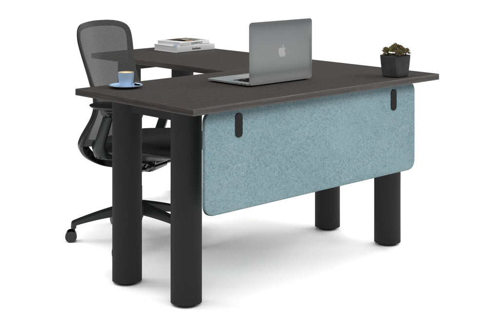 Quadro Cylinder Leg - L Shaped Corner Office Desk  [1400L x 1700W]-black leg dark oak blue acoustic modesty panel (350H x 1200W)