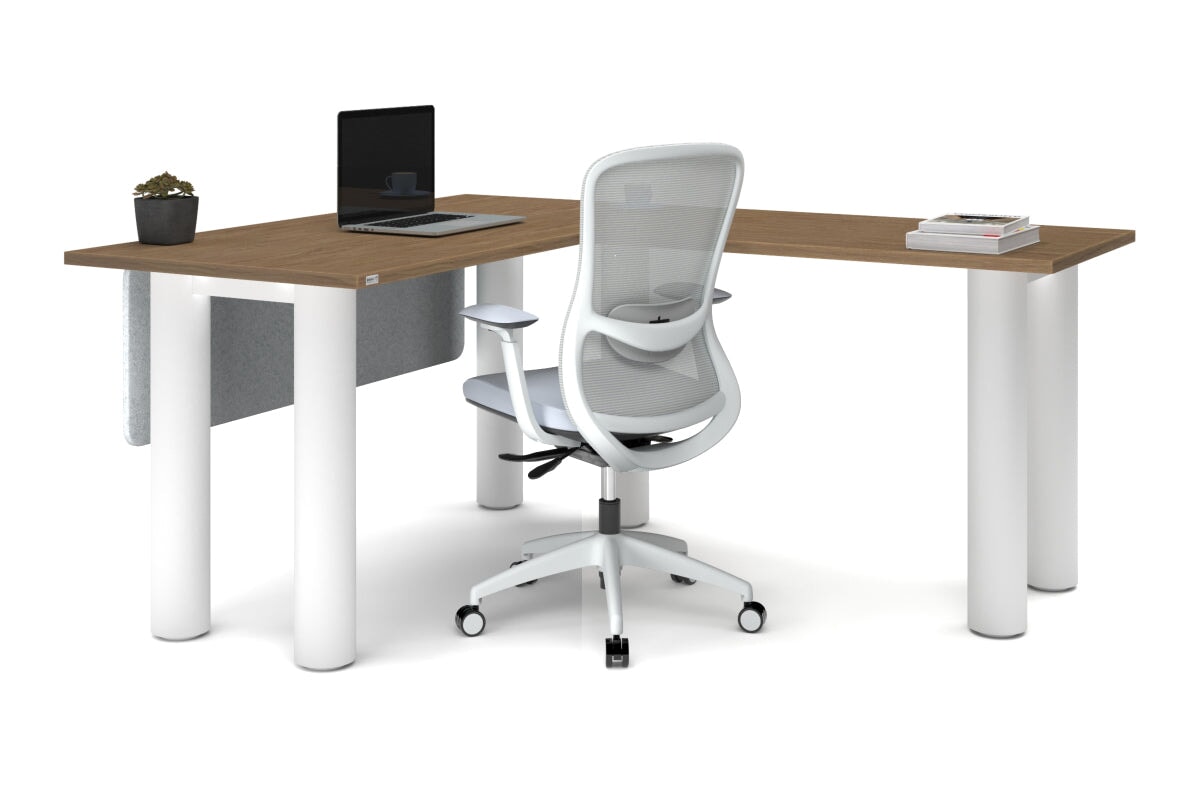 Quadro Cylinder Leg - L Shaped Corner Office Desk  [1400L x 1700W]-black leg dark oak metal modesty panel