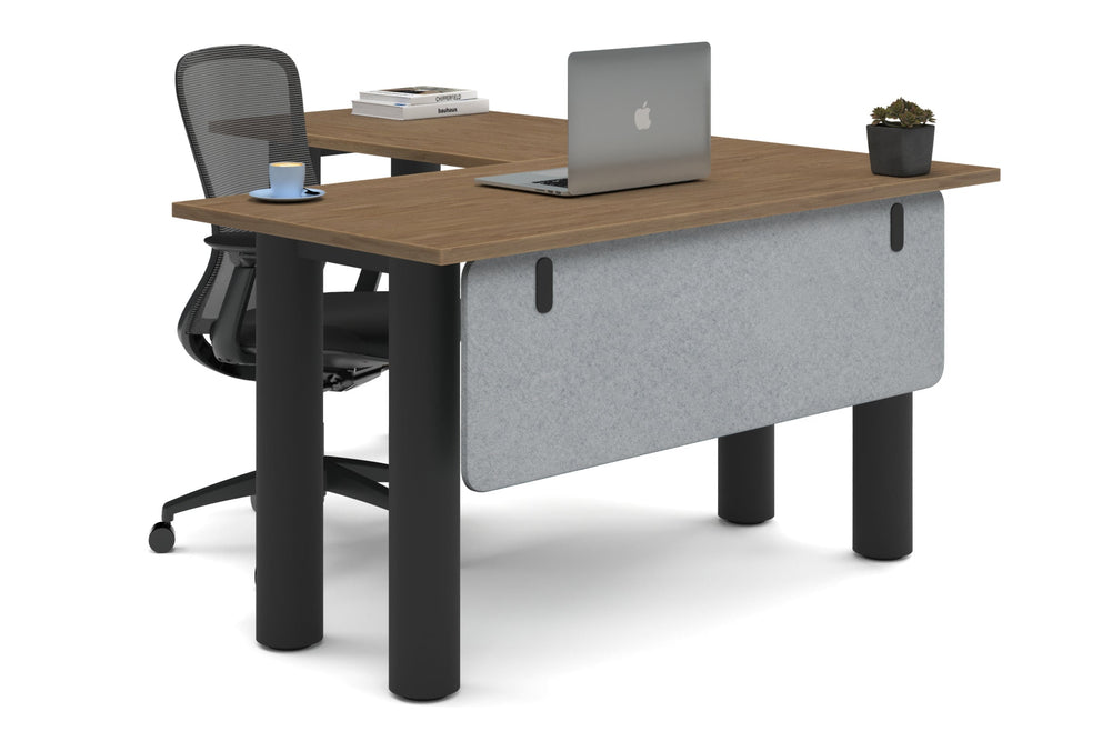 Quadro Cylinder Leg - L Shaped Corner Office Desk  [1400L x 1700W]-black leg salvage oak light grey acoustic modesty panel (350H x 1200W)