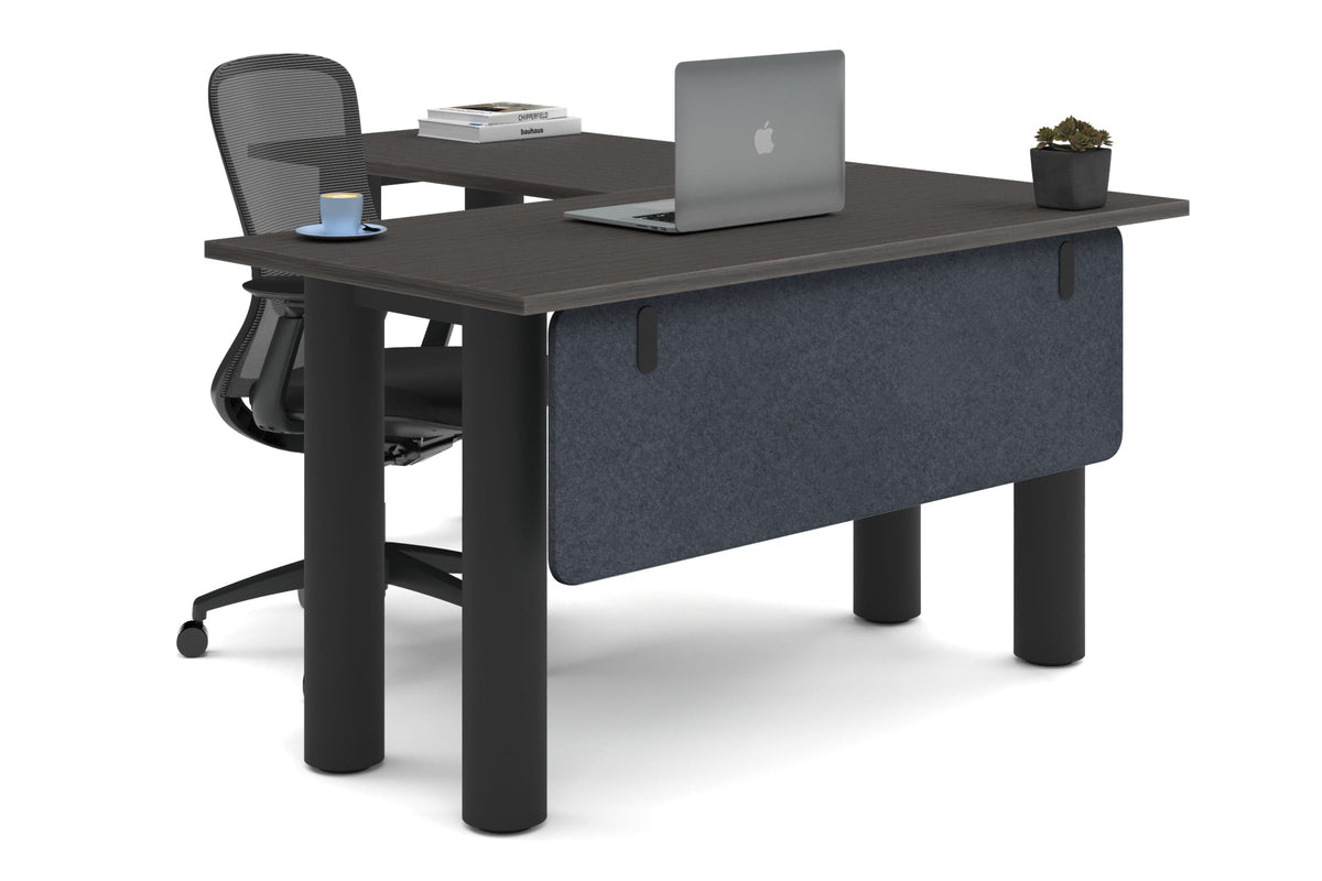 Quadro Cylinder Leg - L Shaped Corner Office Desk  [1400L x 1700W]-black leg dark oak dark grey acoustic modesty panel (350H x 1200W)