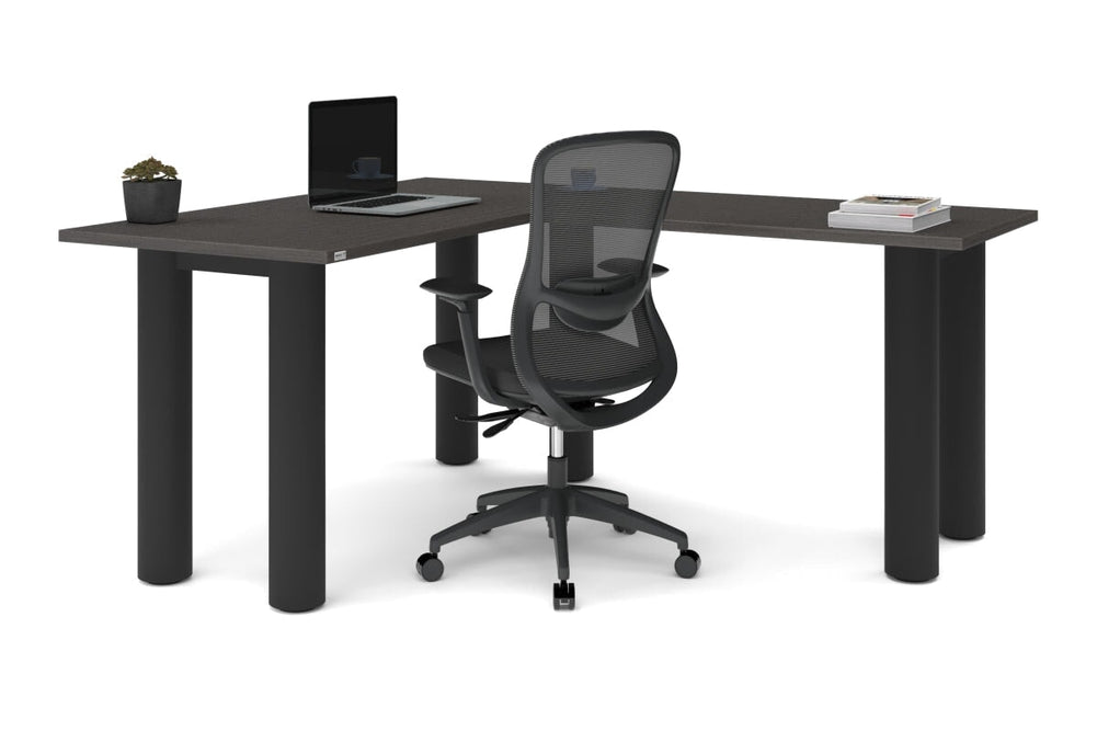 Quadro Cylinder Leg - L Shaped Corner Office Desk  [1400L x 1700W]-black leg dark oak metal modesty panel