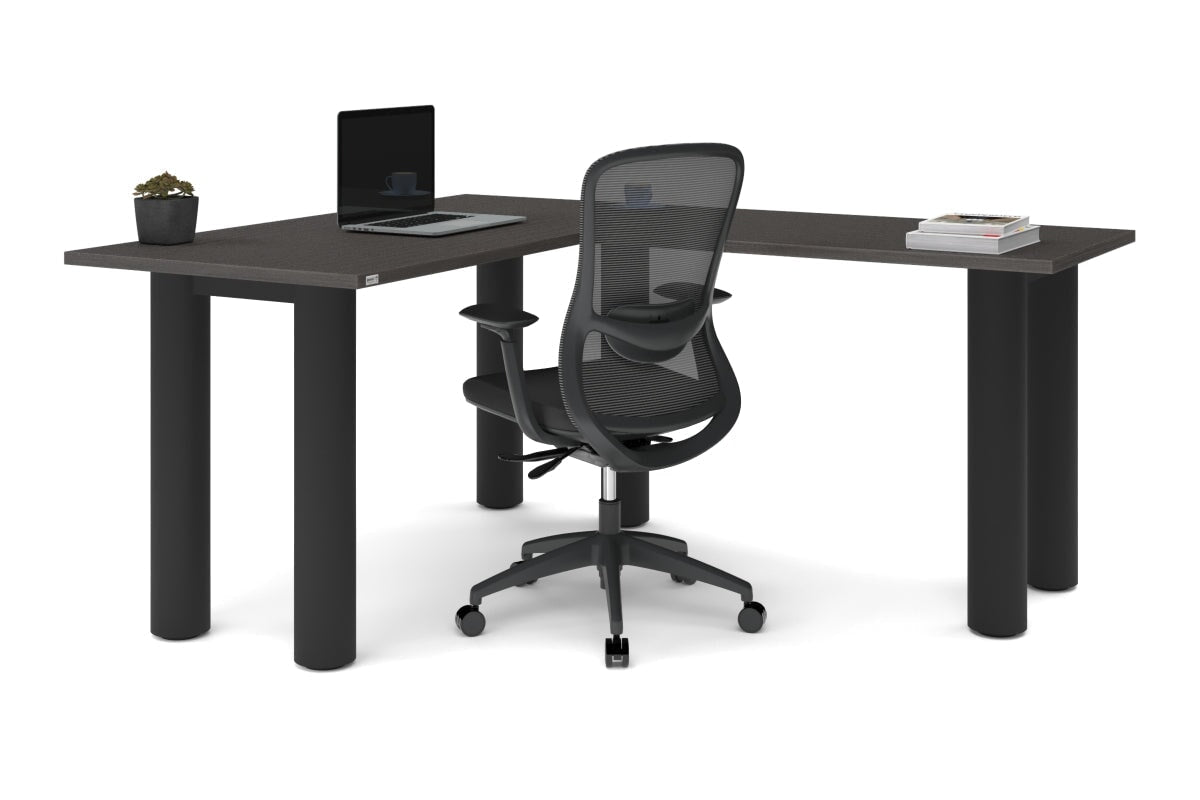 Quadro Cylinder Leg - L Shaped Corner Office Desk  [1400L x 1700W]-black leg dark oak metal modesty panel