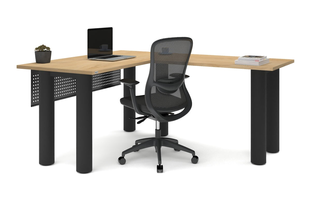 Quadro Cylinder Leg - L Shaped Corner Office Desk  [1400L x 1700W]-black leg dark oak metal modesty panel
