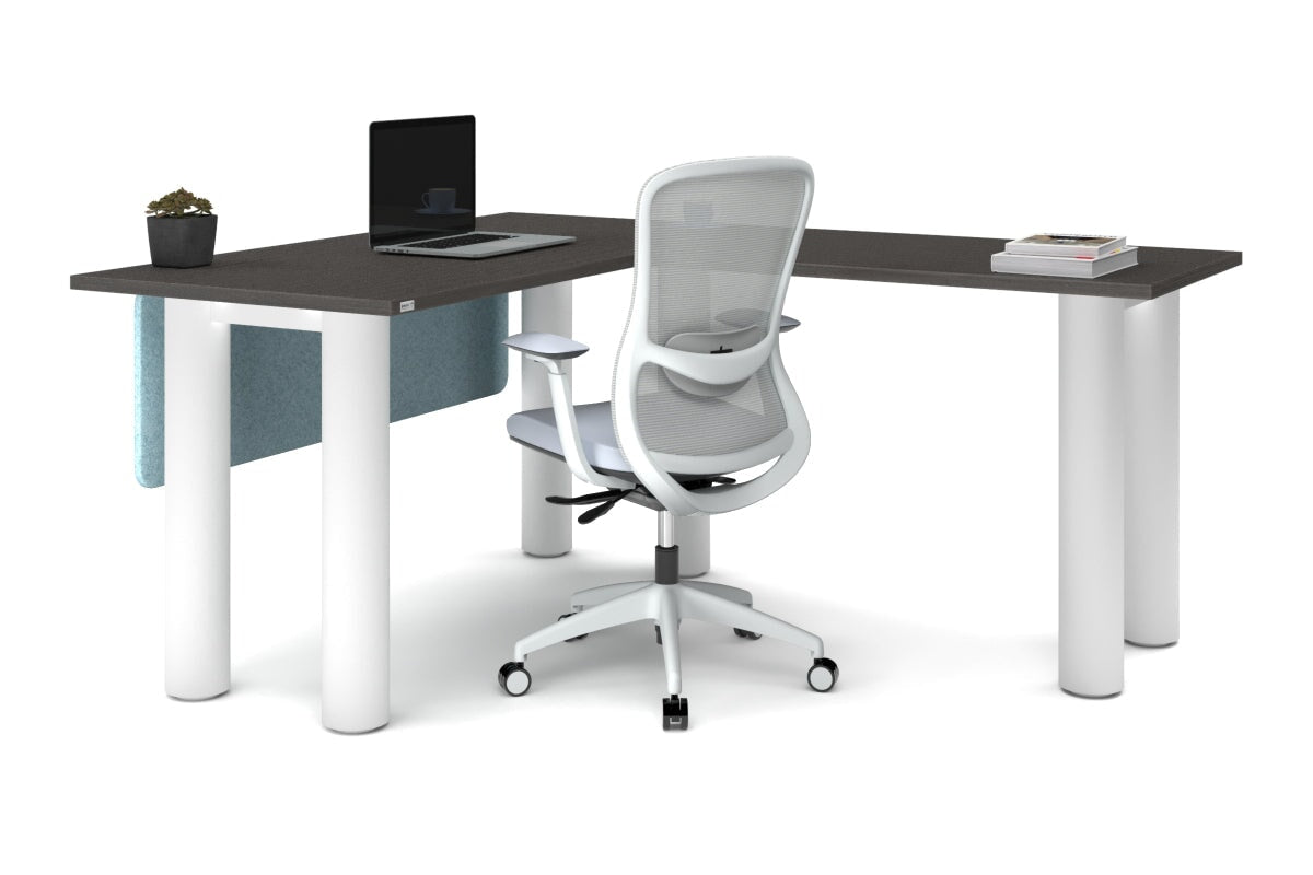 Quadro Cylinder Leg - L Shaped Corner Office Desk  [1400L x 1700W]-black leg dark oak metal modesty panel