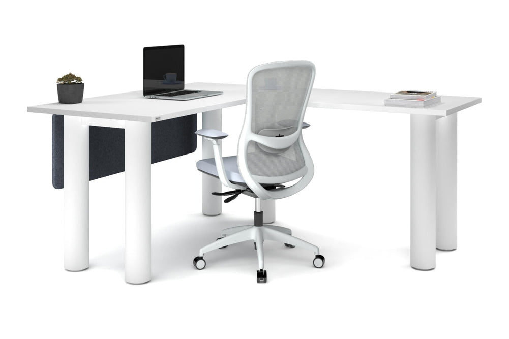 Quadro Cylinder Leg - L Shaped Corner Office Desk  [1400L x 1700W]-black leg dark oak metal modesty panel