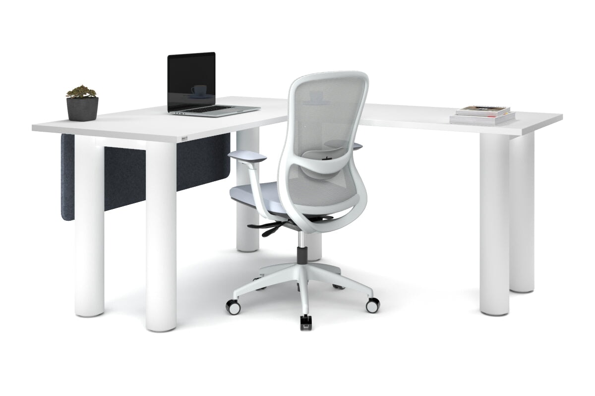 Quadro Cylinder Leg - L Shaped Corner Office Desk  [1400L x 1700W]-black leg dark oak metal modesty panel