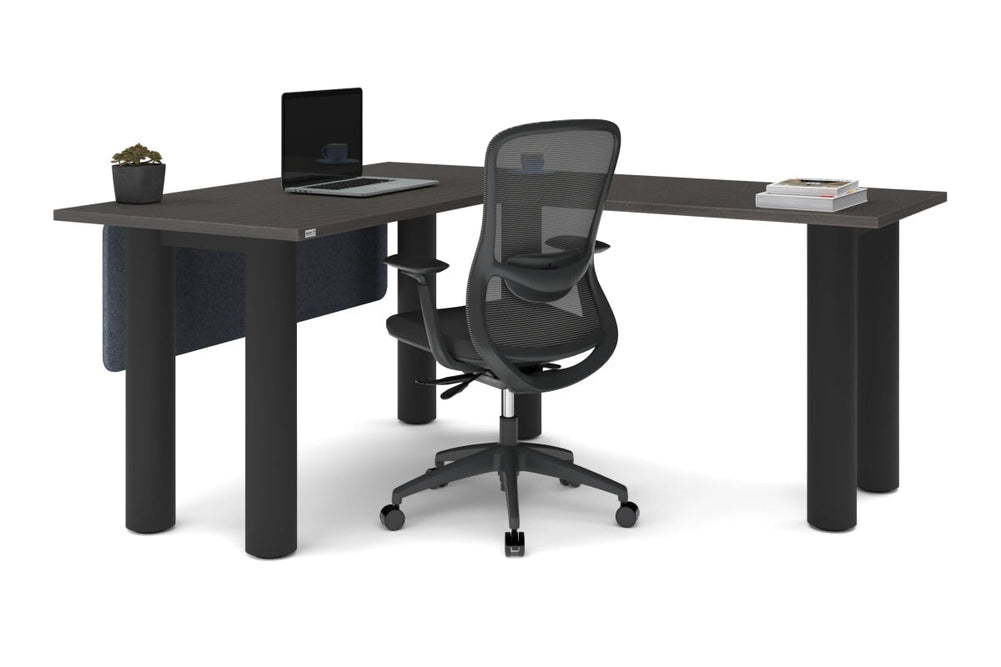 Quadro Cylinder Leg - L Shaped Corner Office Desk  [1400L x 1700W]-black leg dark oak metal modesty panel