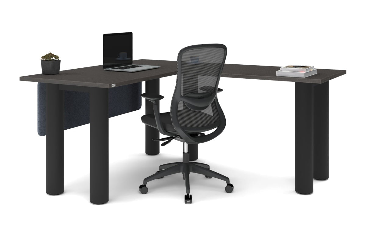 Quadro Cylinder Leg - L Shaped Corner Office Desk  [1400L x 1700W]-black leg dark oak metal modesty panel