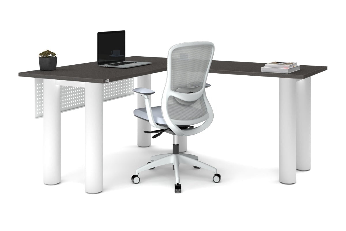 Quadro Cylinder Leg - L Shaped Corner Office Desk  [1400L x 1700W]-black leg dark oak metal modesty panel