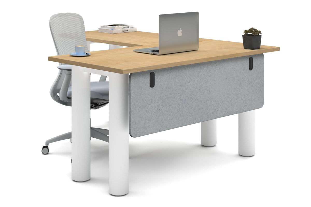 Quadro Cylinder Leg - L Shaped Corner Office Desk  [1400L x 1700W]-white leg maple light grey acoustic modesty panel (350H x 1200W)