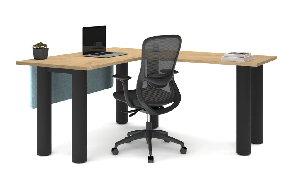 Quadro Cylinder Leg - L Shaped Corner Office Desk  [1400L x 1700W]-black leg dark oak metal modesty panel
