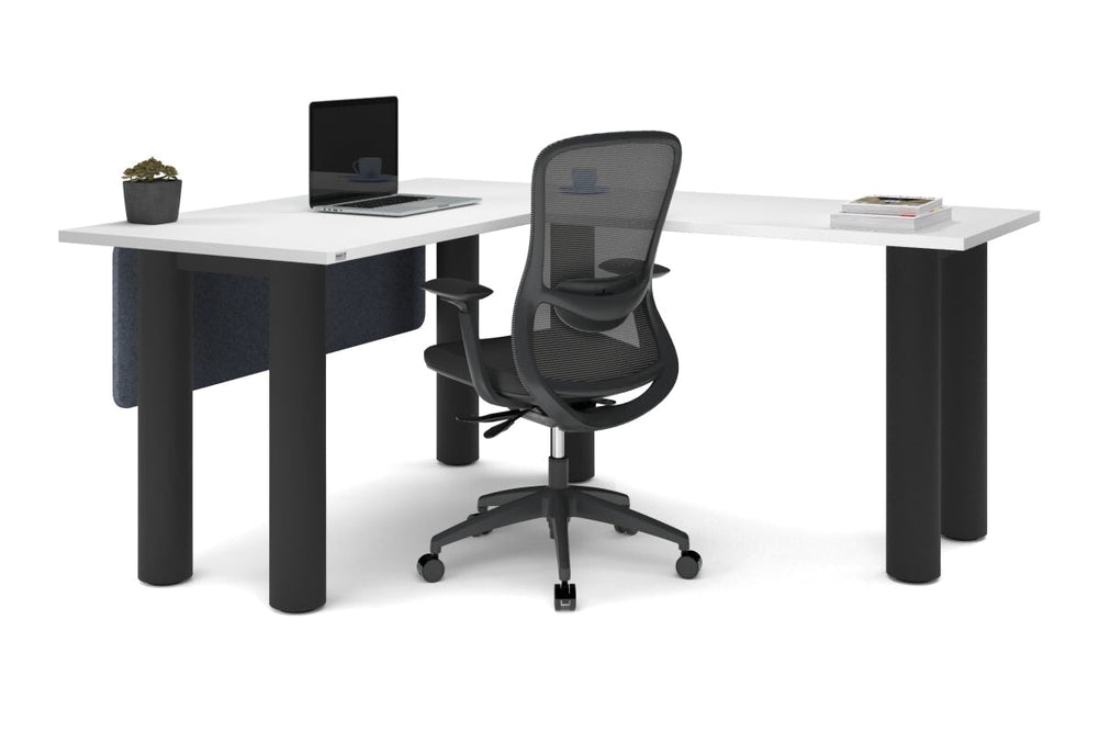 Quadro Cylinder Leg - L Shaped Corner Office Desk  [1400L x 1700W]-black leg dark oak metal modesty panel