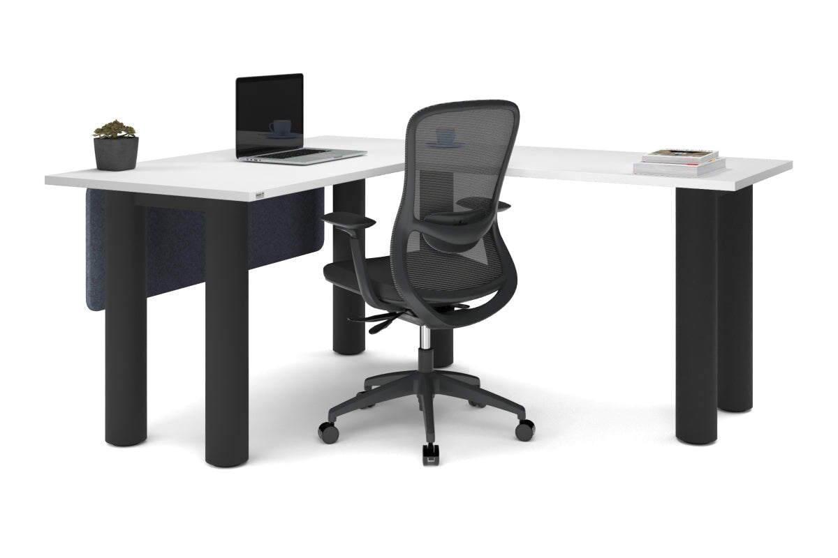 Quadro Cylinder Leg - L Shaped Corner Office Desk  [1400L x 1700W]-black leg dark oak metal modesty panel