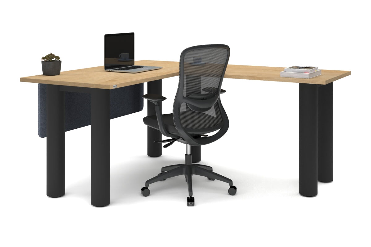 Quadro Cylinder Leg - L Shaped Corner Office Desk  [1400L x 1700W]-black leg dark oak metal modesty panel