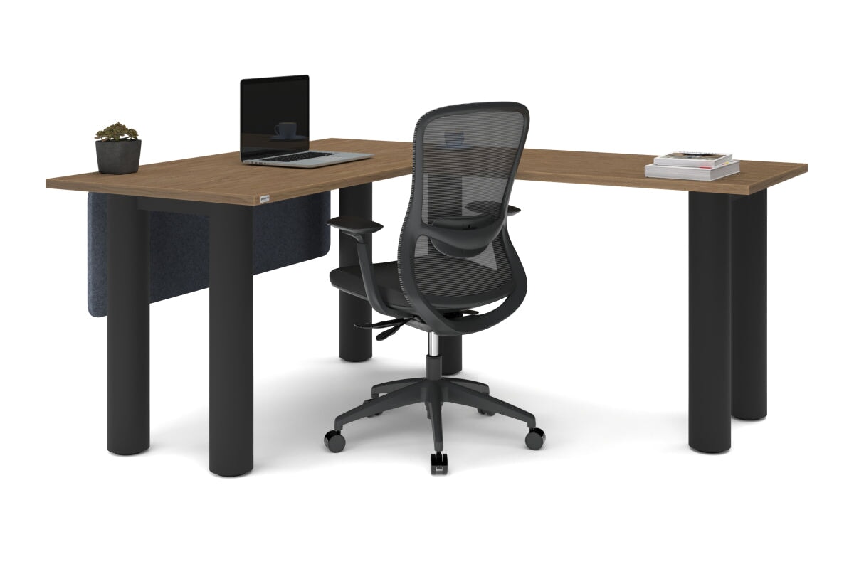 Quadro Cylinder Leg - L Shaped Corner Office Desk  [1400L x 1700W]-black leg dark oak metal modesty panel