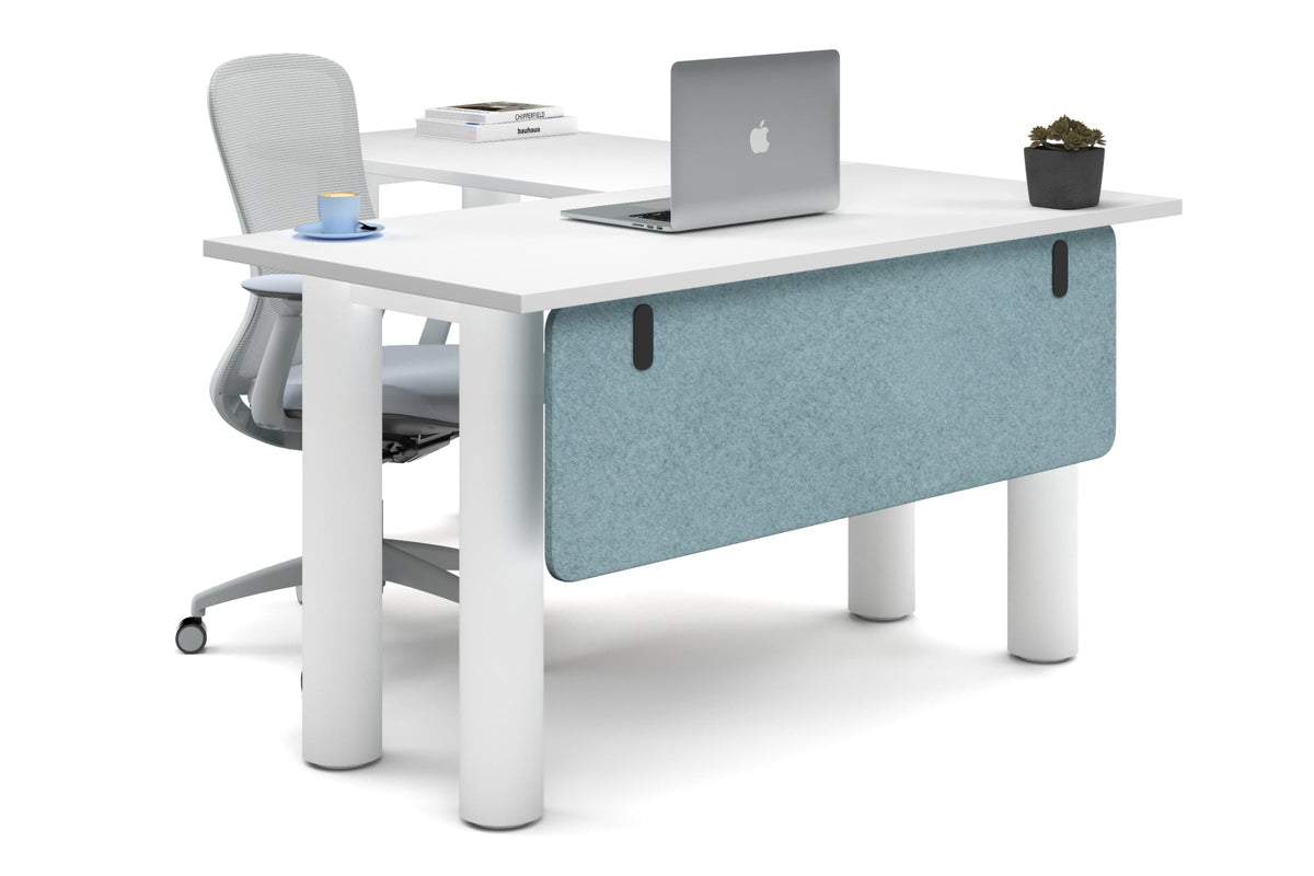 Quadro Cylinder Leg - L Shaped Corner Office Desk  [1400L x 1700W]-white leg white blue acoustic modesty panel (350H x 1200W)