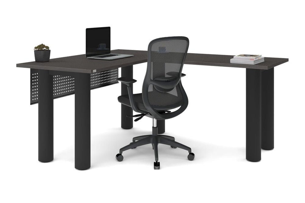 Quadro Cylinder Leg - L Shaped Corner Office Desk  [1400L x 1700W]-black leg dark oak metal modesty panel