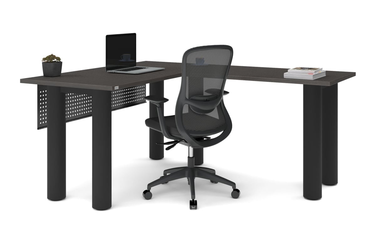 Quadro Cylinder Leg - L Shaped Corner Office Desk  [1400L x 1700W]-black leg dark oak metal modesty panel