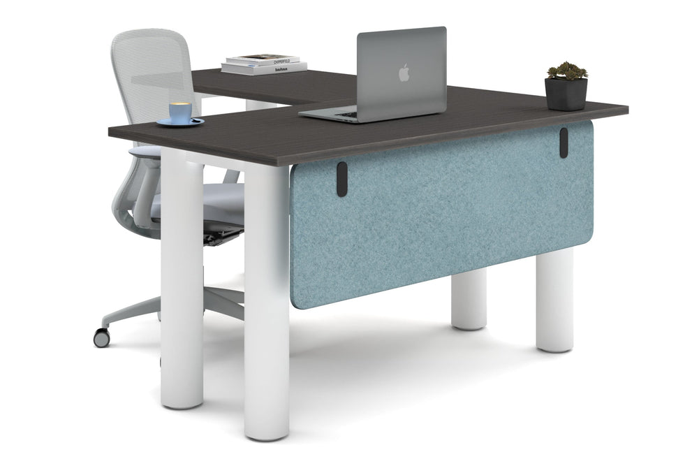 Quadro Cylinder Leg - L Shaped Corner Office Desk  [1400L x 1700W]-white leg dark oak blue acoustic modesty panel (350H x 1200W)