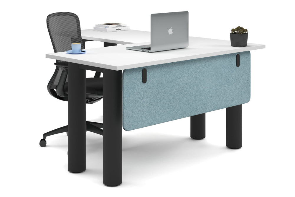 Quadro Cylinder Leg - L Shaped Corner Office Desk  [1400L x 1700W]-black leg white blue acoustic modesty panel (350H x 1200W)