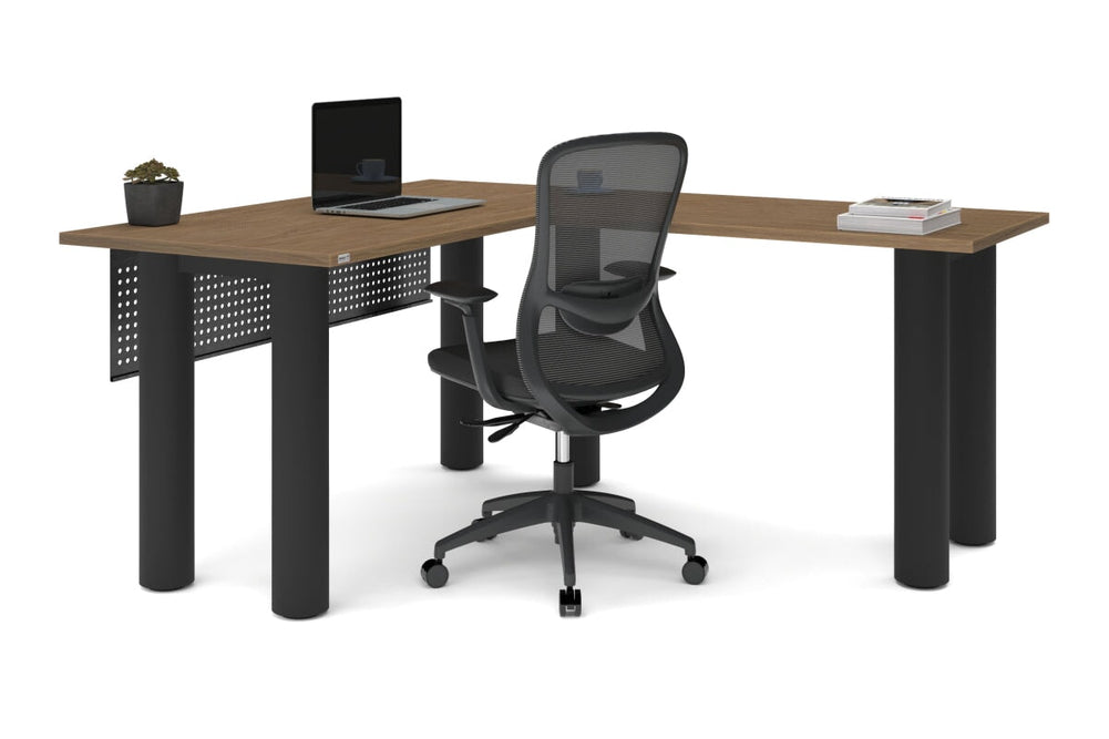 Quadro Cylinder Leg - L Shaped Corner Office Desk  [1400L x 1700W]-black leg dark oak metal modesty panel