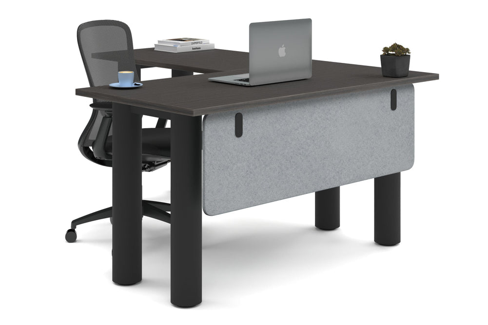 Quadro Cylinder Leg - L Shaped Corner Office Desk  [1400L x 1700W]-black leg dark oak light grey acoustic modesty panel (350H x 1200W)