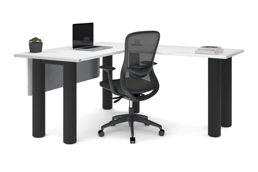 Quadro Cylinder Leg - L Shaped Corner Office Desk  [1400L x 1700W]-black leg dark oak metal modesty panel