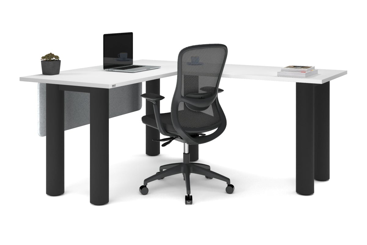 Quadro Cylinder Leg - L Shaped Corner Office Desk  [1400L x 1700W]-black leg dark oak metal modesty panel