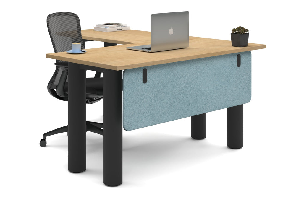 Quadro Cylinder Leg - L Shaped Corner Office Desk  [1400L x 1700W]-black leg maple blue acoustic modesty panel (350H x 1200W)