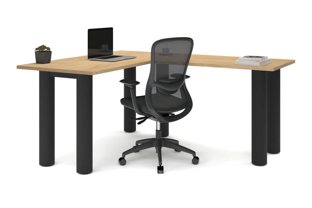 Quadro Cylinder Leg - L Shaped Corner Office Desk  [1400L x 1700W]-black leg dark oak metal modesty panel