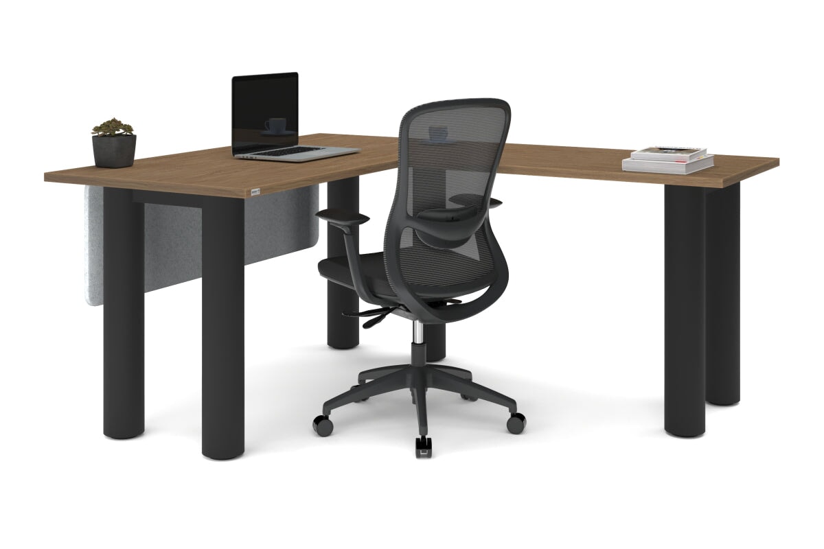 Quadro Cylinder Leg - L Shaped Corner Office Desk  [1400L x 1700W]-black leg dark oak metal modesty panel