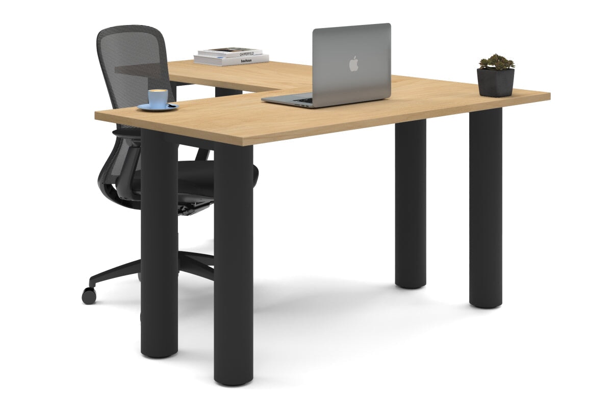 Quadro Cylinder Leg - L Shaped Corner Office Desk  [1400L x 1700W]-black leg dark oak metal modesty panel