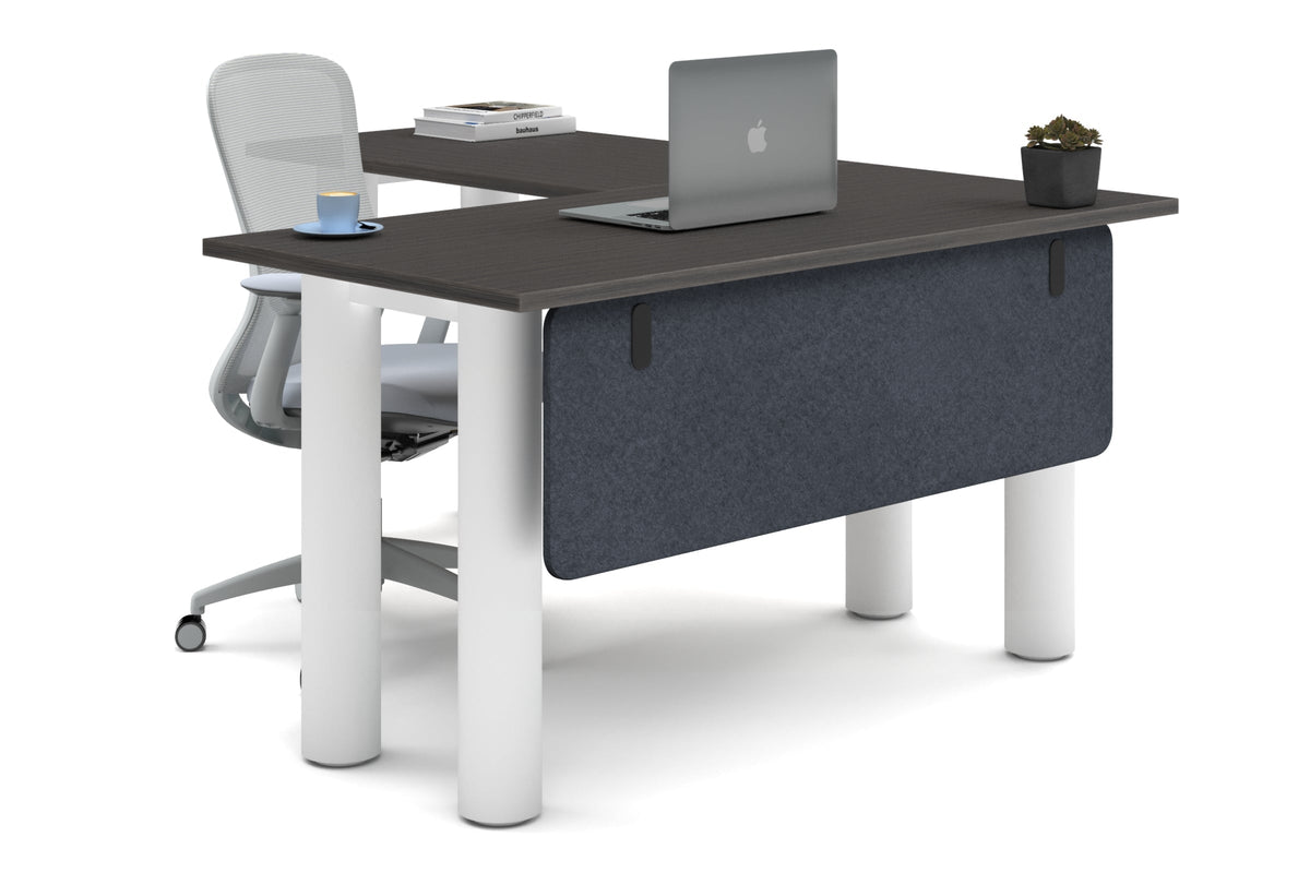 Quadro Cylinder Leg - L Shaped Corner Office Desk  [1400L x 1700W]-white leg dark oak dark grey acoustic modesty panel (350H x 1200W)
