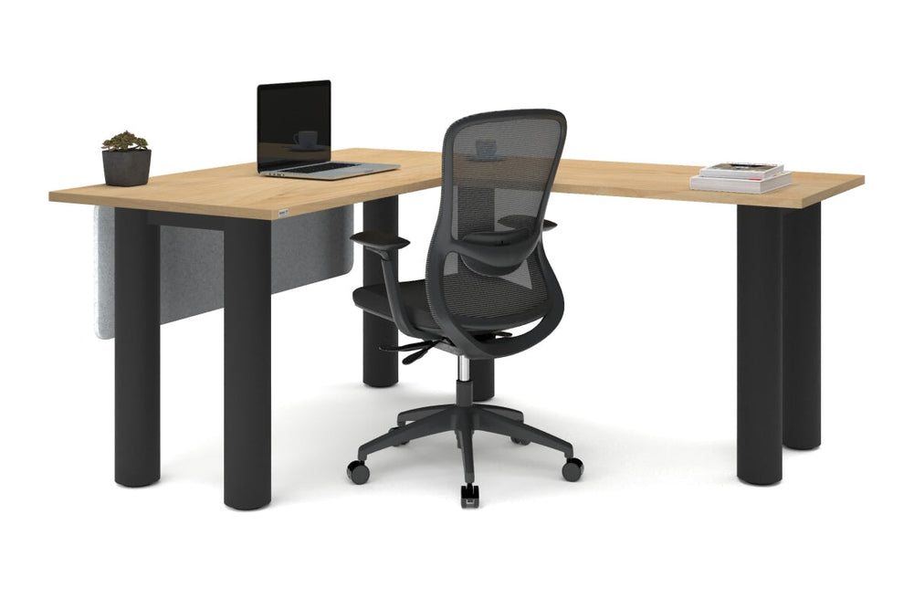 Quadro Cylinder Leg - L Shaped Corner Office Desk  [1400L x 1700W]-black leg dark oak metal modesty panel