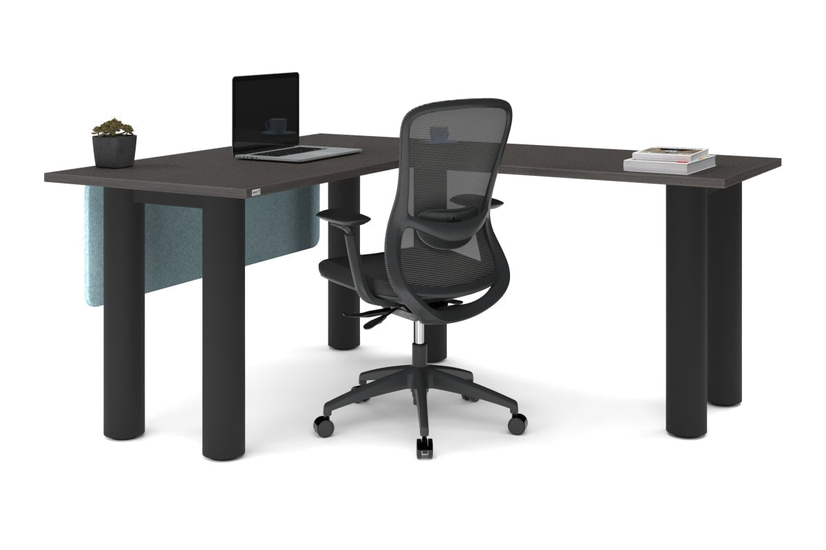 Quadro Cylinder Leg - L Shaped Corner Office Desk  [1400L x 1700W]-black leg dark oak metal modesty panel