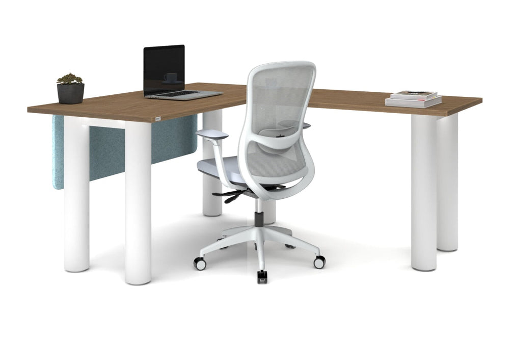 Quadro Cylinder Leg - L Shaped Corner Office Desk  [1400L x 1700W]-black leg dark oak metal modesty panel