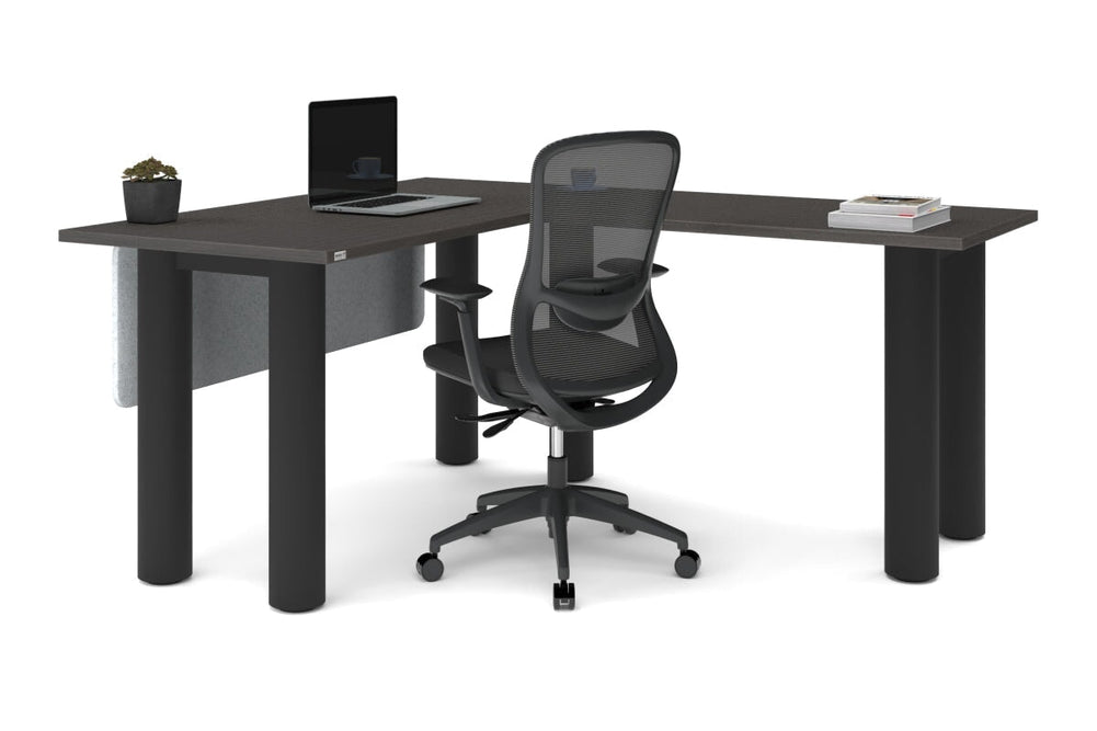 Quadro Cylinder Leg - L Shaped Corner Office Desk  [1400L x 1700W]-black leg dark oak metal modesty panel