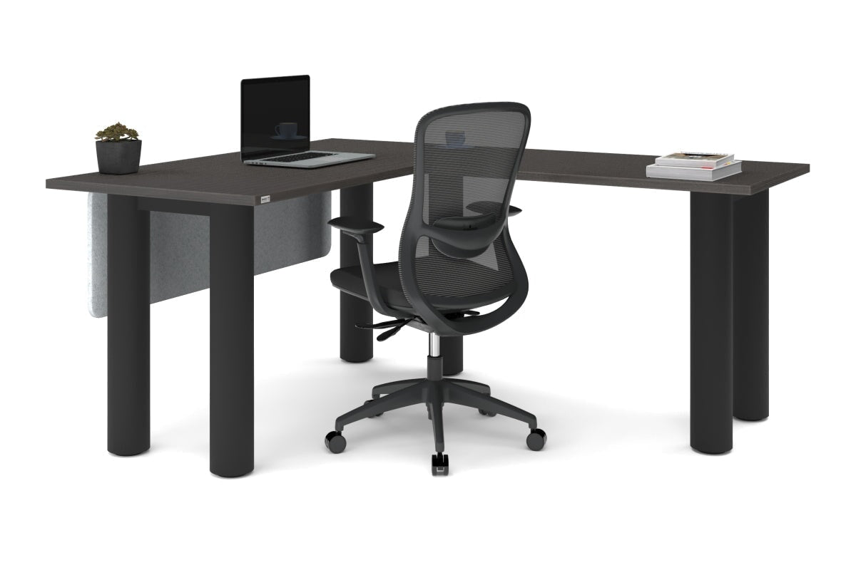 Quadro Cylinder Leg - L Shaped Corner Office Desk  [1400L x 1700W]-black leg dark oak metal modesty panel