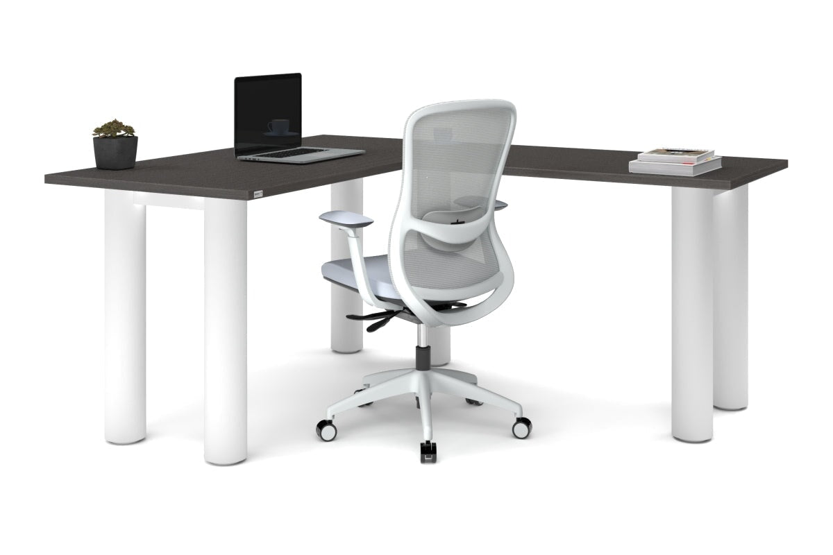 Quadro Cylinder Leg - L Shaped Corner Office Desk  [1400L x 1700W]-black leg dark oak metal modesty panel