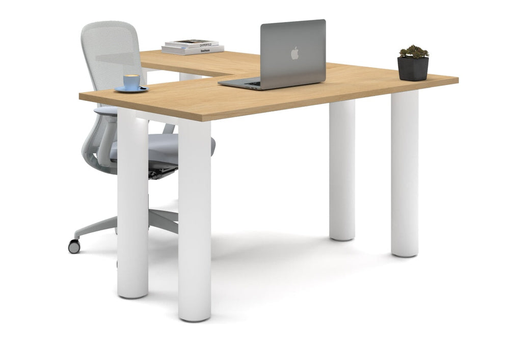 Quadro Cylinder Leg - L Shaped Corner Office Desk  [1400L x 1700W]-white leg maple none