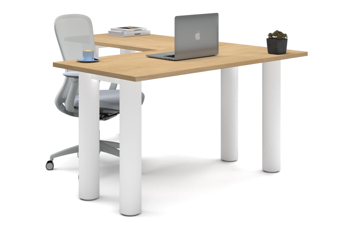 Quadro Cylinder Leg - L Shaped Corner Office Desk  [1400L x 1700W]-black leg dark oak metal modesty panel