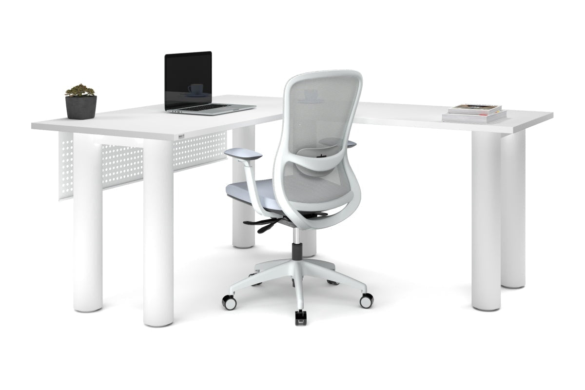 Quadro Cylinder Leg - L Shaped Corner Office Desk  [1400L x 1700W]-black leg dark oak metal modesty panel