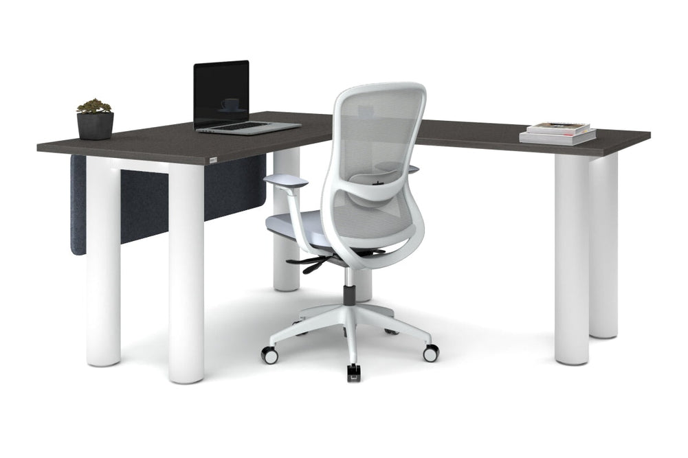 Quadro Cylinder Leg - L Shaped Corner Office Desk  [1400L x 1700W]-black leg dark oak metal modesty panel