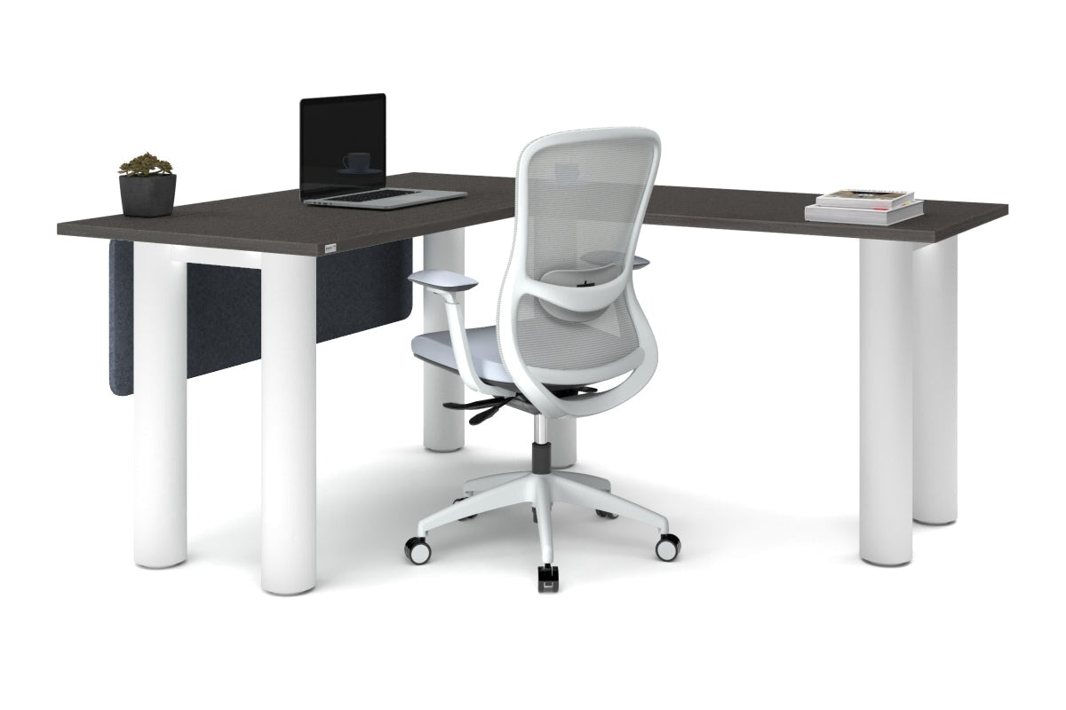 Quadro Cylinder Leg - L Shaped Corner Office Desk  [1400L x 1700W]-black leg dark oak metal modesty panel
