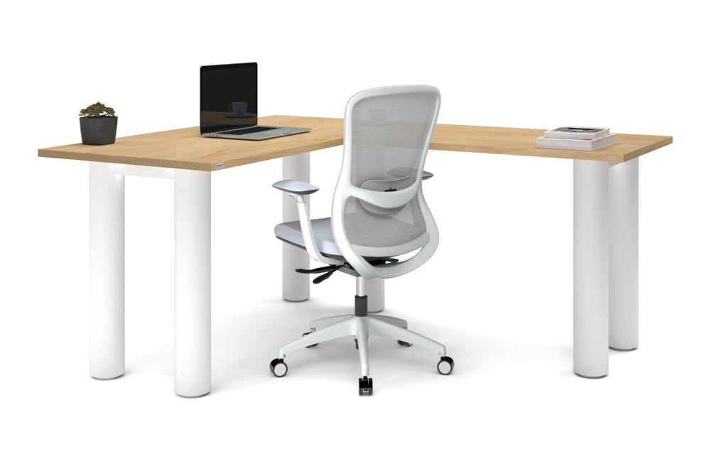 Quadro Cylinder Leg - L Shaped Corner Office Desk  [1400L x 1700W]-black leg dark oak metal modesty panel