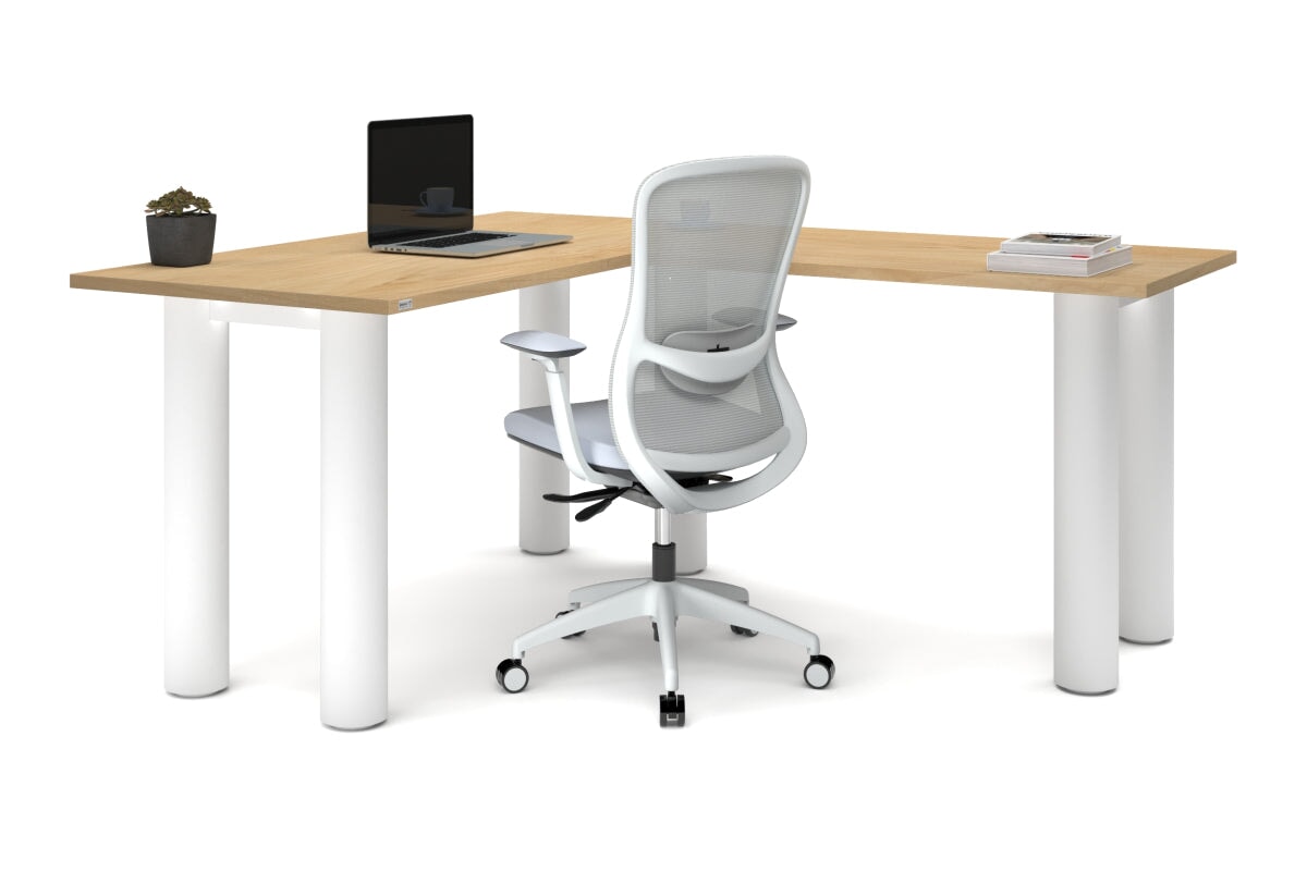 Quadro Cylinder Leg - L Shaped Corner Office Desk  [1400L x 1700W]-black leg dark oak metal modesty panel