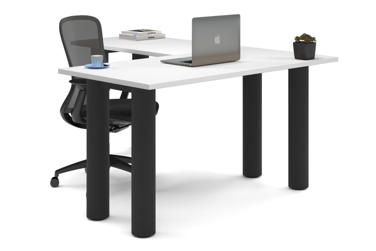 Quadro Cylinder Leg - L Shaped Corner Office Desk  [1400L x 1700W]-black leg dark oak metal modesty panel