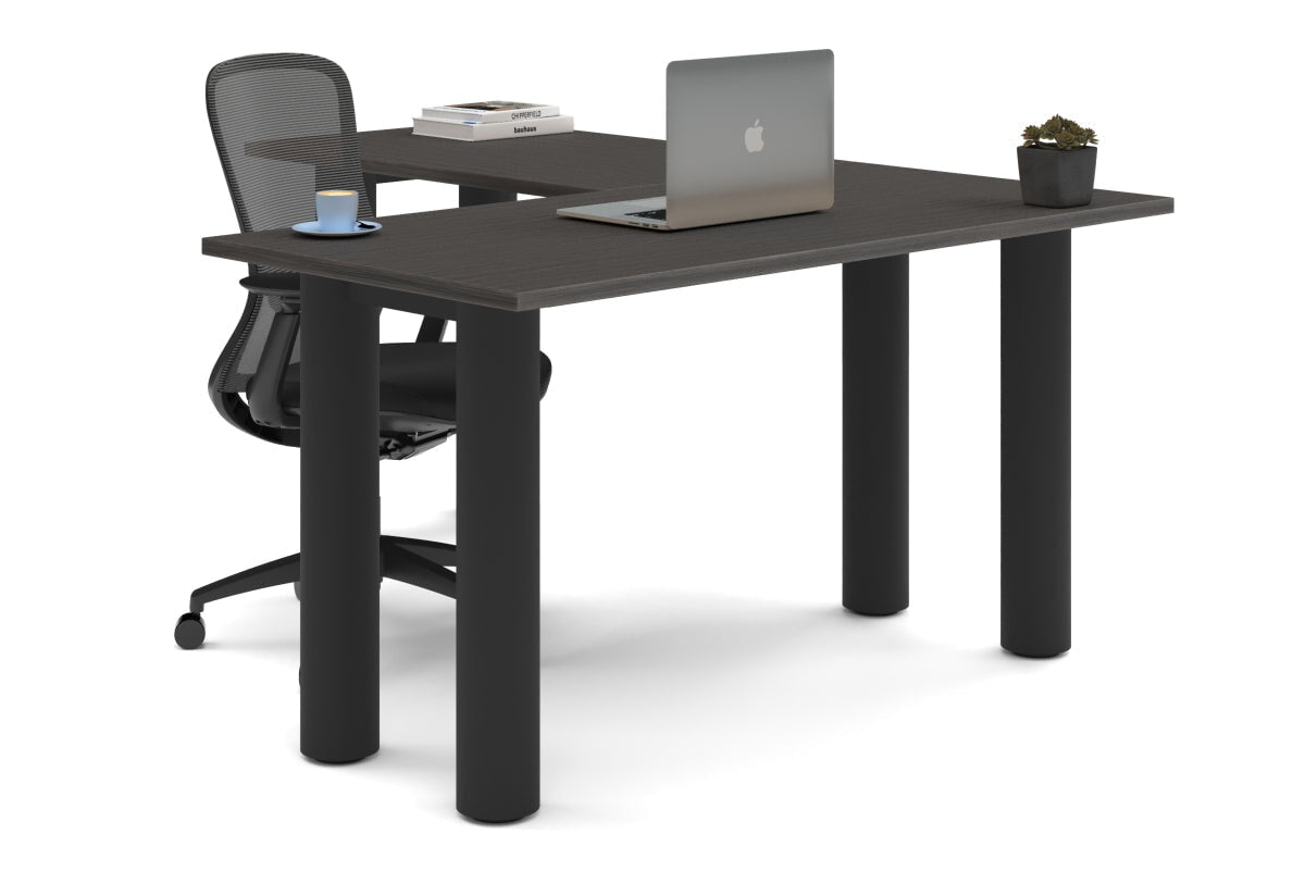 Quadro Cylinder Leg - L Shaped Corner Office Desk  [1400L x 1700W]-black leg dark oak metal modesty panel