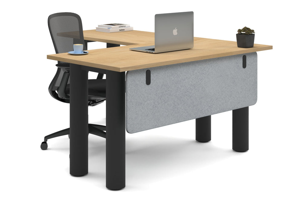 Quadro Cylinder Leg - L Shaped Corner Office Desk  [1400L x 1700W]-black leg maple light grey acoustic modesty panel (350H x 1200W)